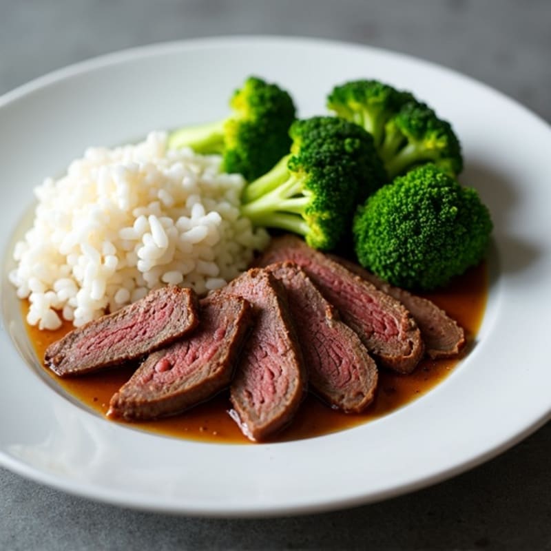 Seared Beef Strips with Steamed Rice and Broccoli