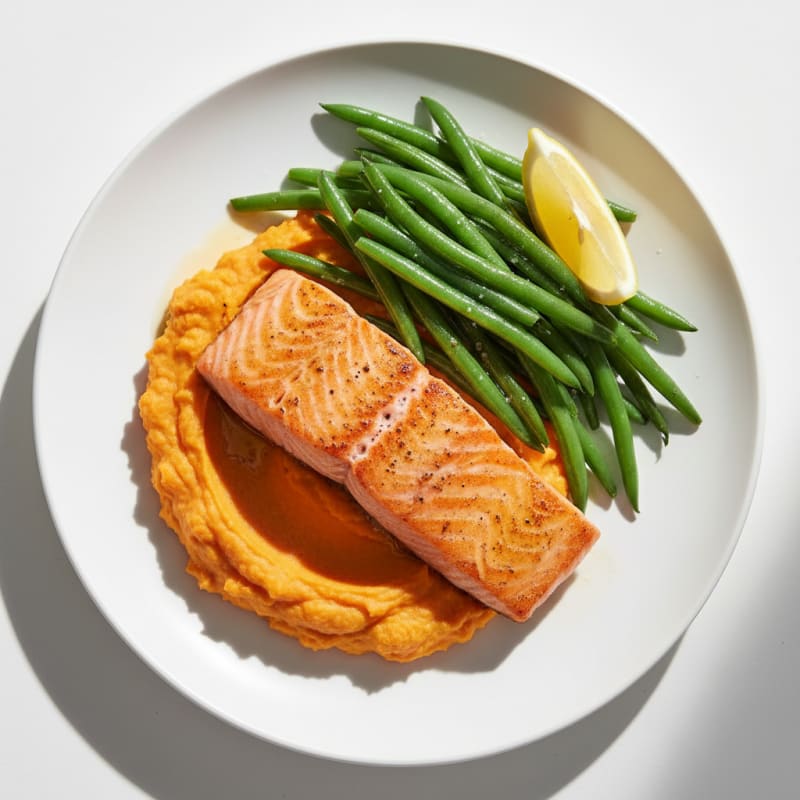 Seared Salmon with Steamed Green Beans and Sweet Potato Mash