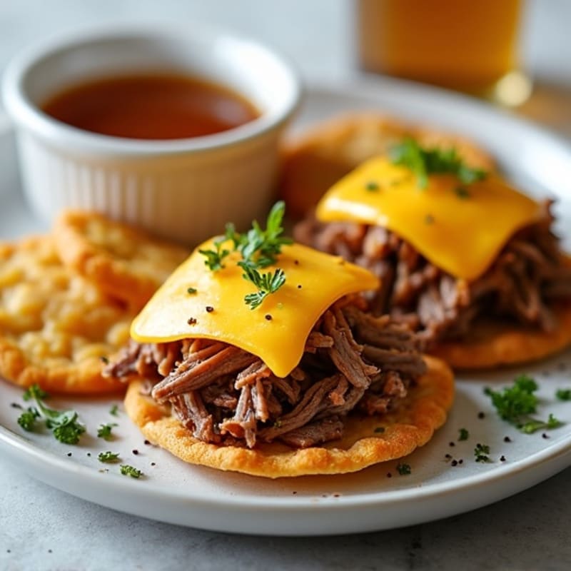 Shredded Beef and Cheese Crisps with Savory Dipping Broth