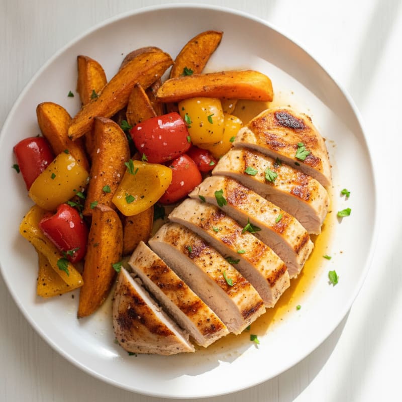 Grilled Chicken with Roasted Sweet Potatoes and Peppers