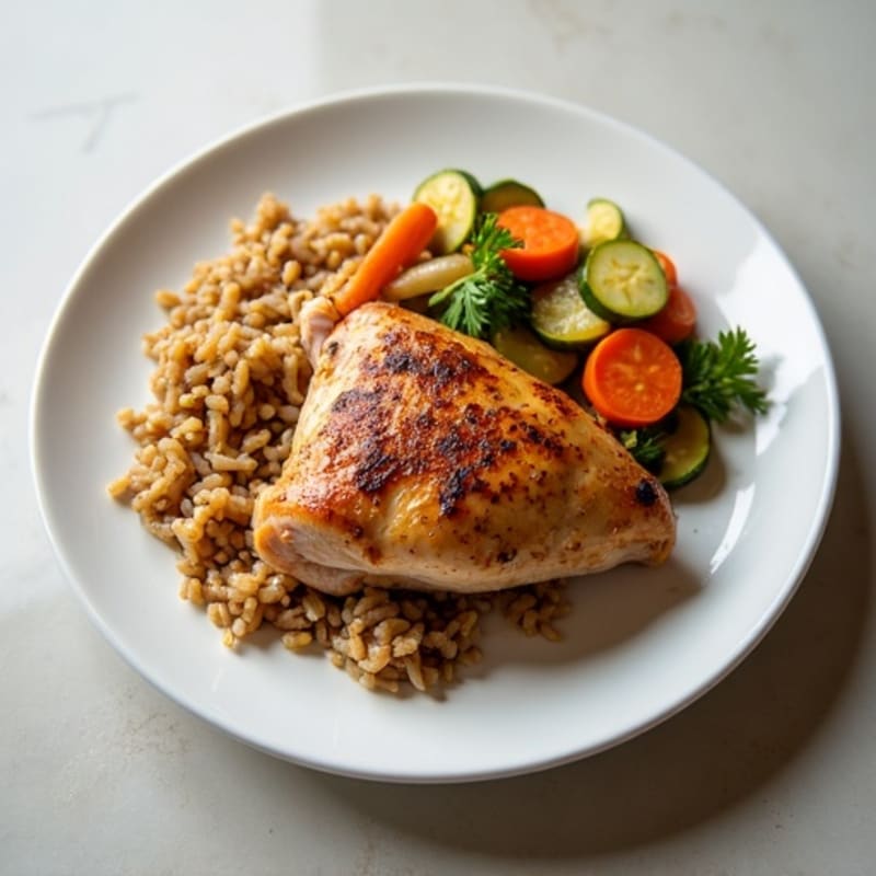 Seared Chicken Thighs with Steamed Vegetables and Wild Rice