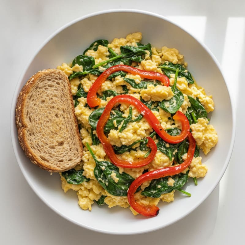 Cottage Cheese Scramble with Spinach and Roasted Peppers