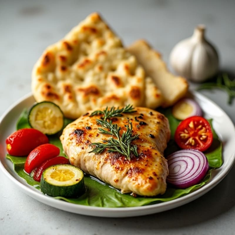 Garlic Herb Chicken with Roasted Vegetables and Crispy Garlic Flatbread