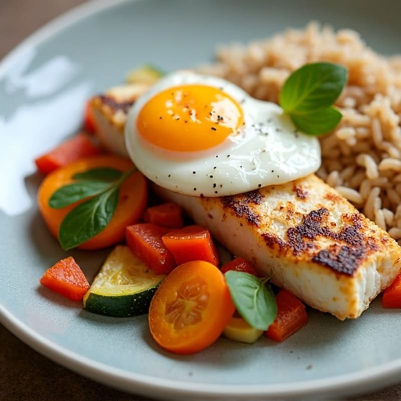 Seared Cod with Roasted Vegetables, Brown Rice & Poached Egg