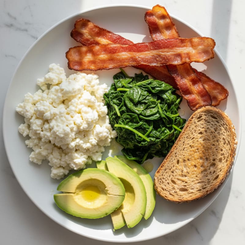 Crispy Turkey Bacon and Egg White Scramble with Cottage Cheese and Sautéed Spinach