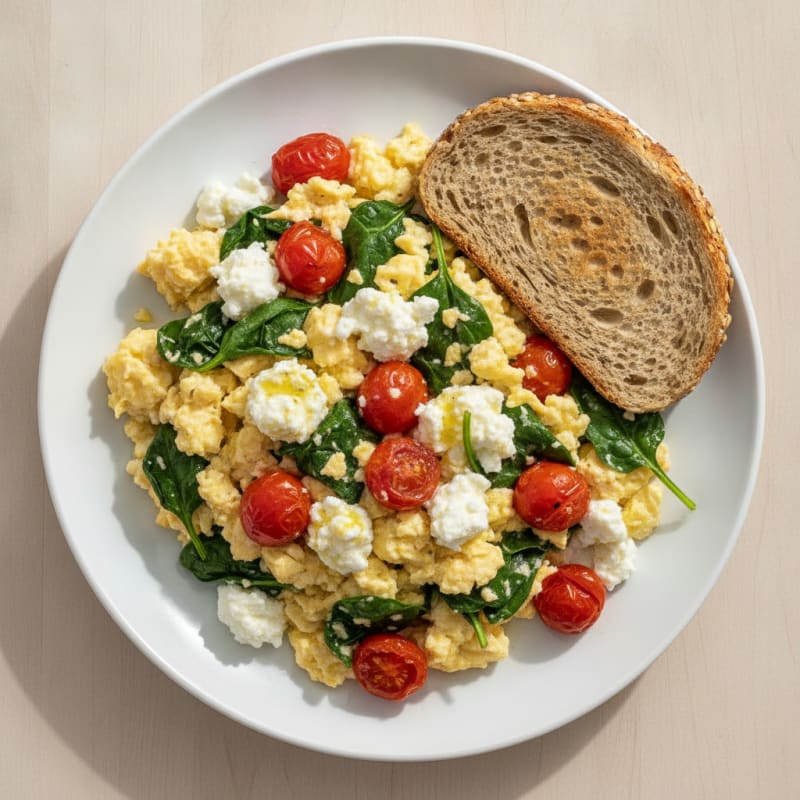 Cottage Cheese Egg Scramble with Spinach and Tomatoes