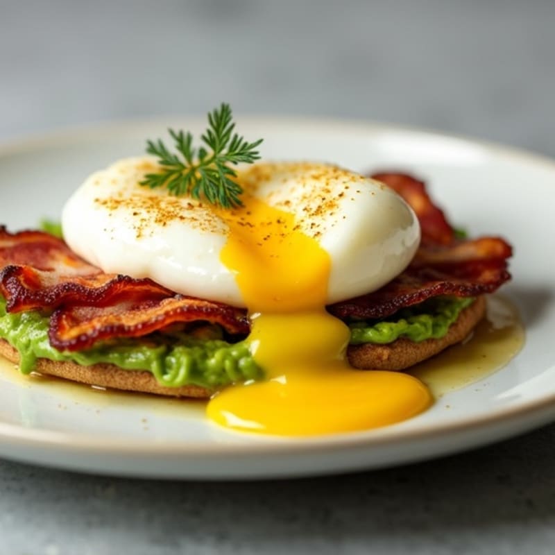 Poached Eggs with Crispy Turkey Bacon and Creamy Lemon-Avocado Sauce