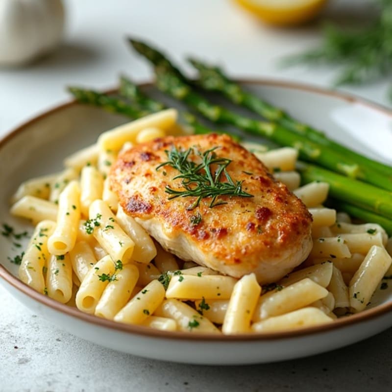 Creamy Lemon Herb Chicken Pasta with Roasted Asparagus