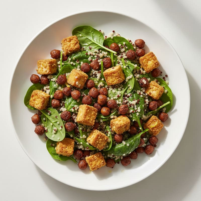 Crispy Tofu and Quinoa Salad with Roasted Chickpeas