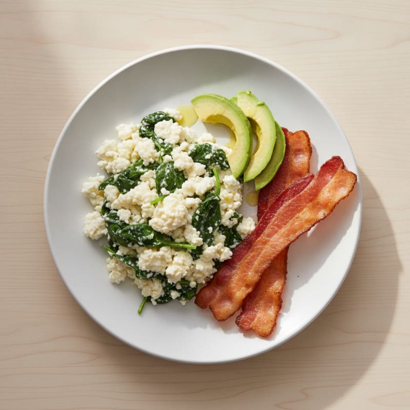 Cottage Cheese Egg Scramble with Spinach and Turkey Bacon