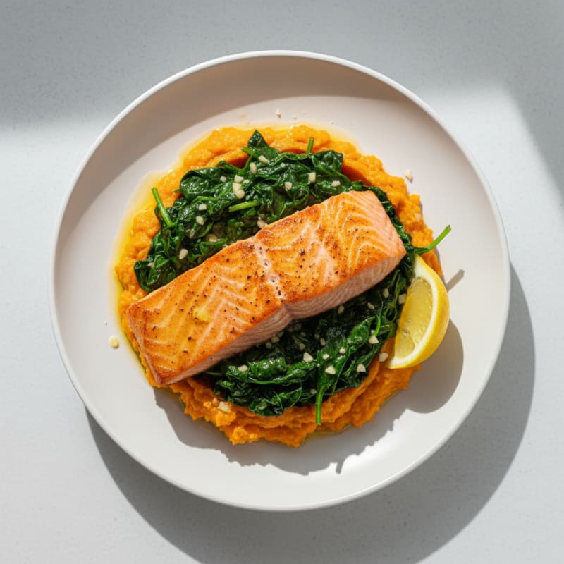 Seared Salmon with Garlic Sautéed Spinach and Sweet Potato Mash