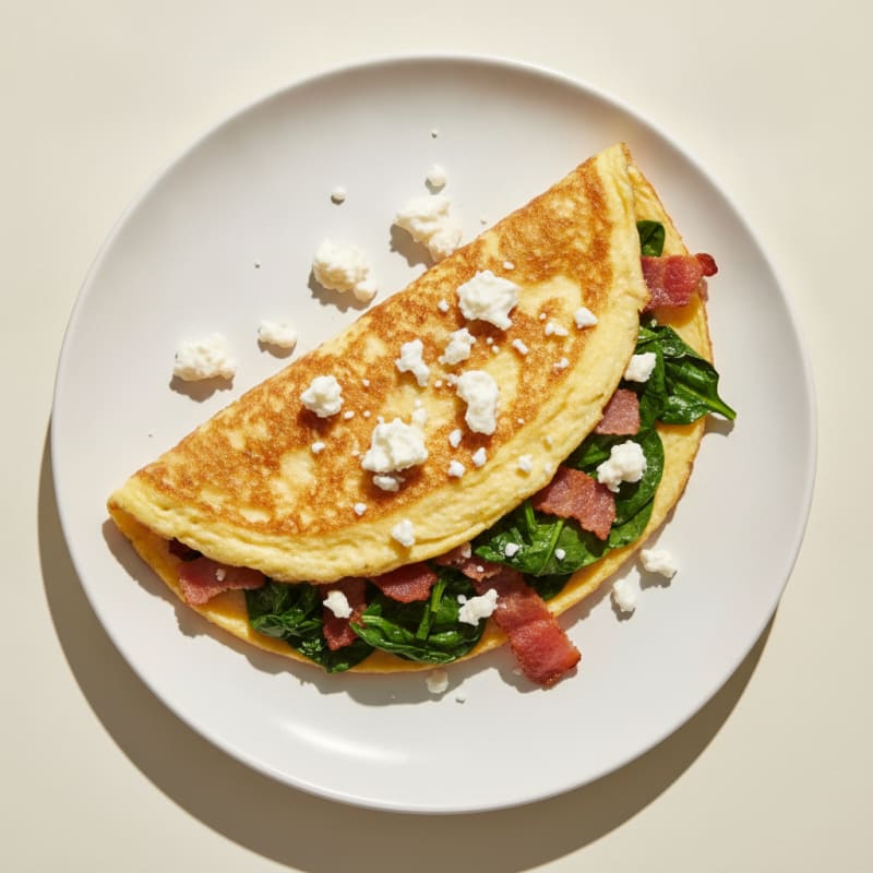 Crispy Egg White Omelette with Turkey Bacon and Sautéed Spinach