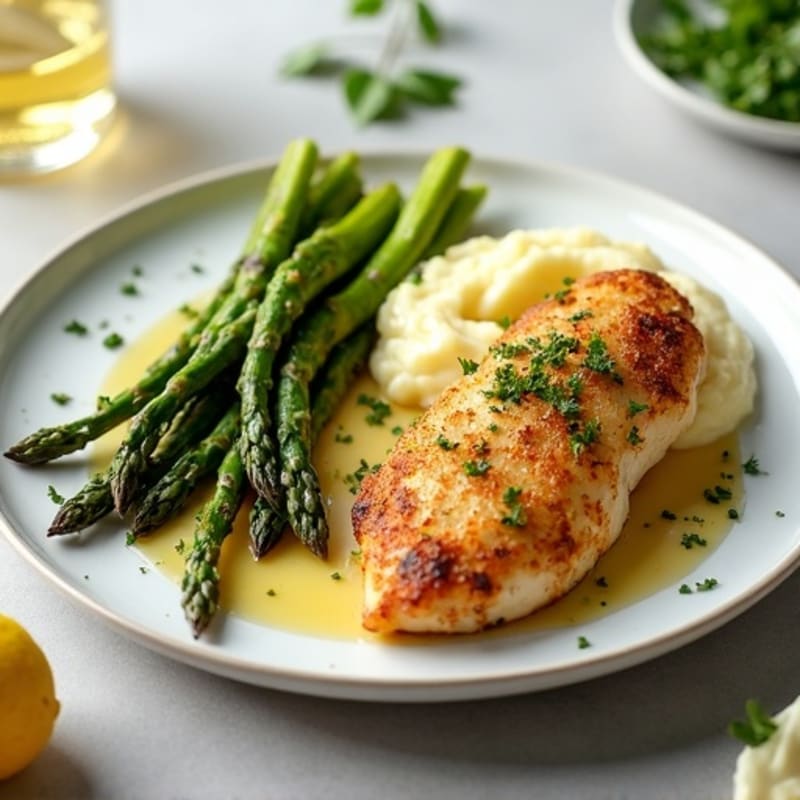 Crispy Lemon Herb Chicken with Buttery Garlic Mashed Potatoes and Roasted Asparagus