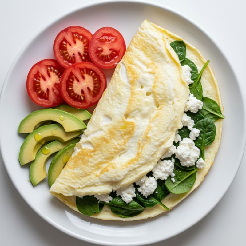 Egg White Spinach Omelette with Cottage Cheese and Sliced Tomatoes