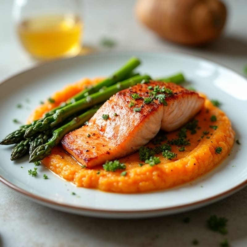 Seared Salmon with Roasted Asparagus and Sweet Potato Mash