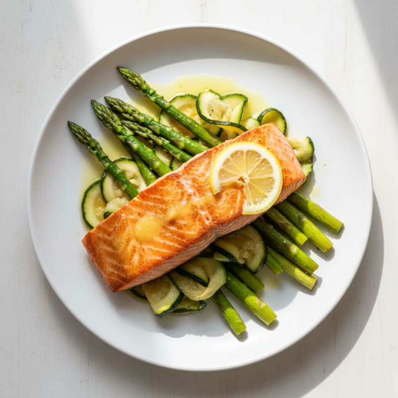 Seared Salmon Fillet with Roasted Asparagus and Zucchini
