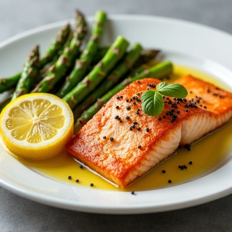 Crispy Pan-Seared Salmon with Roasted Asparagus and Lemon
