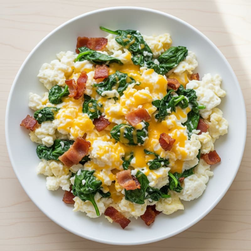 Cheesy Egg White Scramble with Spinach and Turkey Bacon