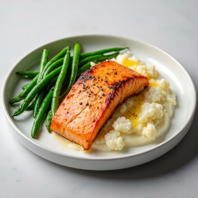 Seared Salmon with Steamed Green Beans and Cauliflower Mash