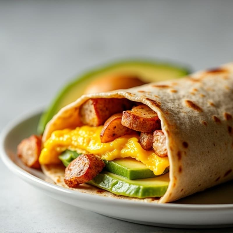 Lean Turkey Sausage and Scrambled Egg Breakfast Burrito with Crispy Potatoes and Fresh Avocado
