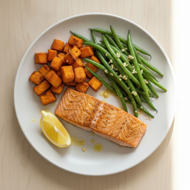 Seared Salmon Filet with Garlicky Green Beans and Roasted Sweet Potato