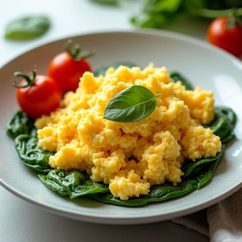 Fluffy Egg Scramble with Fresh Spinach and Cherry Tomatoes