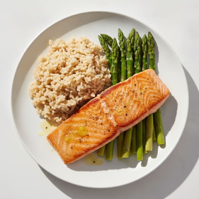 Seared Salmon with Steamed Asparagus and Brown Rice