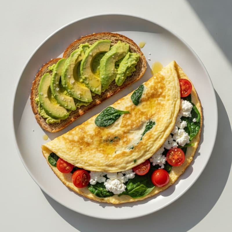 Egg White Spinach Omelette with Cottage Cheese and Cherry Tomatoes