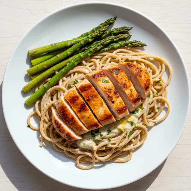 Seared Chicken Breast with Creamy Garlic Pasta and Asparagus