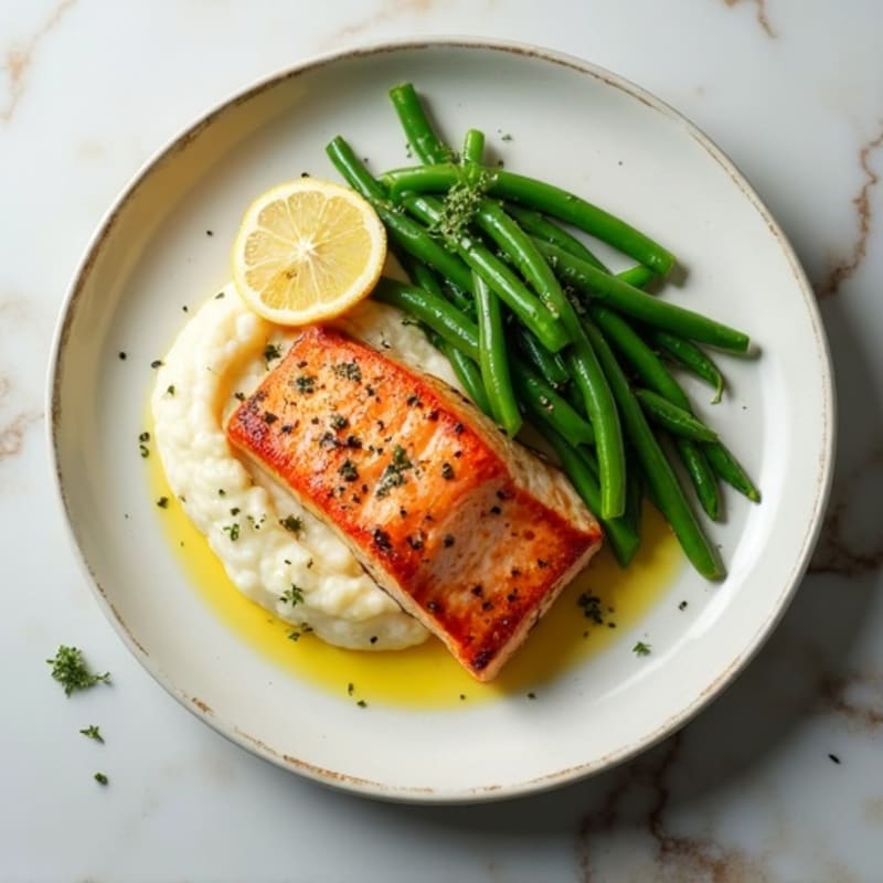 Seared Salmon with Garlic Green Beans and Cauliflower Mash