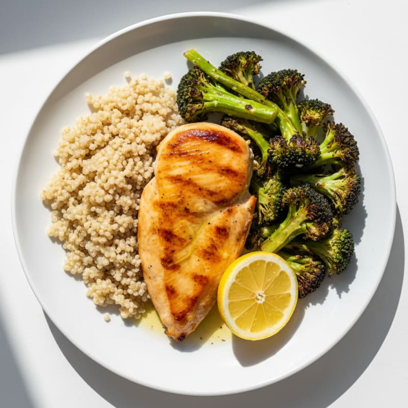 Grilled Chicken Breast with Roasted Broccoli and Quinoa