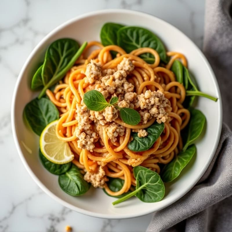 Creamy Spicy Peanut Ground Turkey Noodles with Wilted Greens