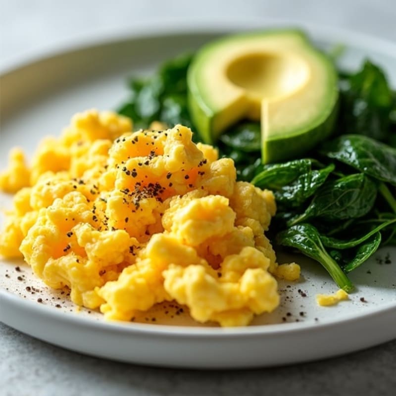 Fluffy Scrambled Eggs with Sautéed Greens and Avocado