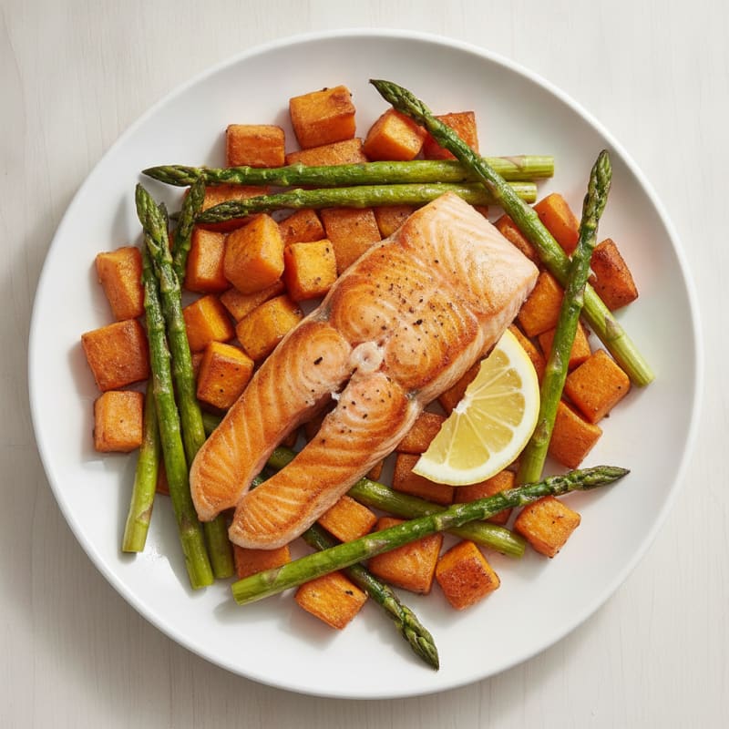 Seared Salmon Fillet with Roasted Sweet Potato and Asparagus