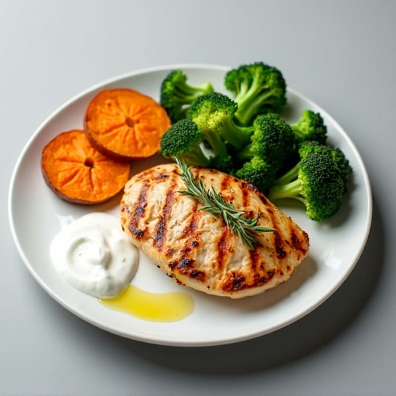 Grilled Chicken Breast with Roasted Sweet Potato and Steamed Broccoli
