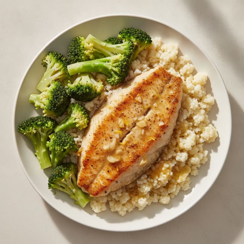 Seared Tilapia with Steamed Broccoli and Cauliflower Rice