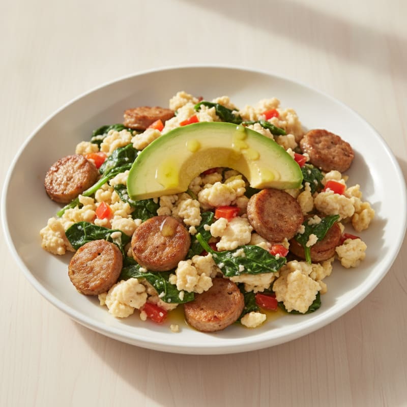 Egg White Scramble with Turkey Sausage and Sautéed Spinach