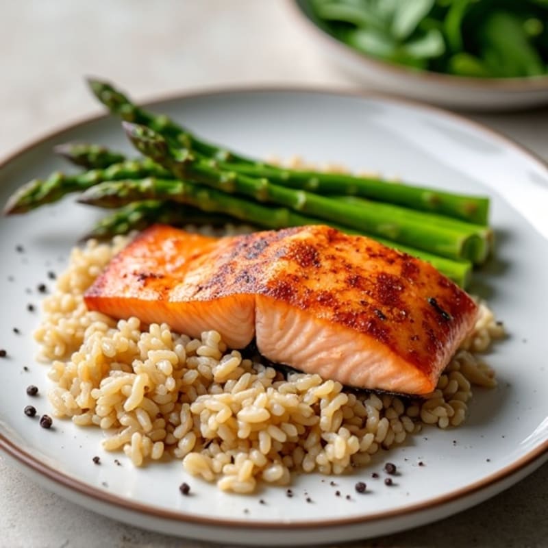 Seared Salmon with Steamed Asparagus and Brown Rice