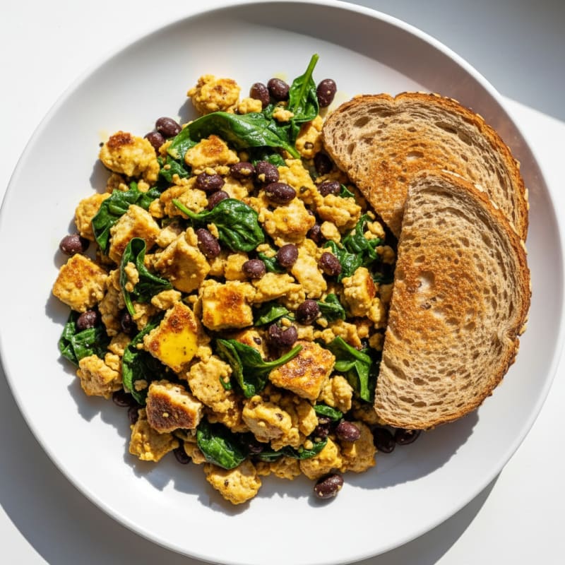 Silky Tofu Scramble with Black Beans and Spinach