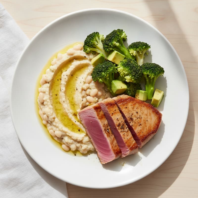 Seared Tuna Steak with Steamed Broccoli and Garlic Mashed White Beans
