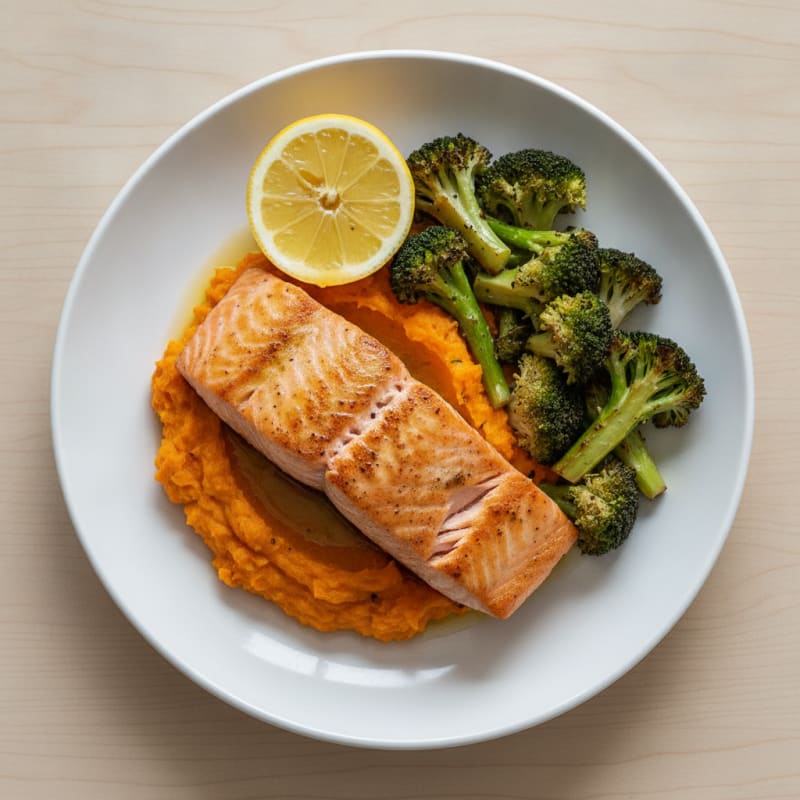 Seared Salmon with Roasted Broccoli and Sweet Potato Mash