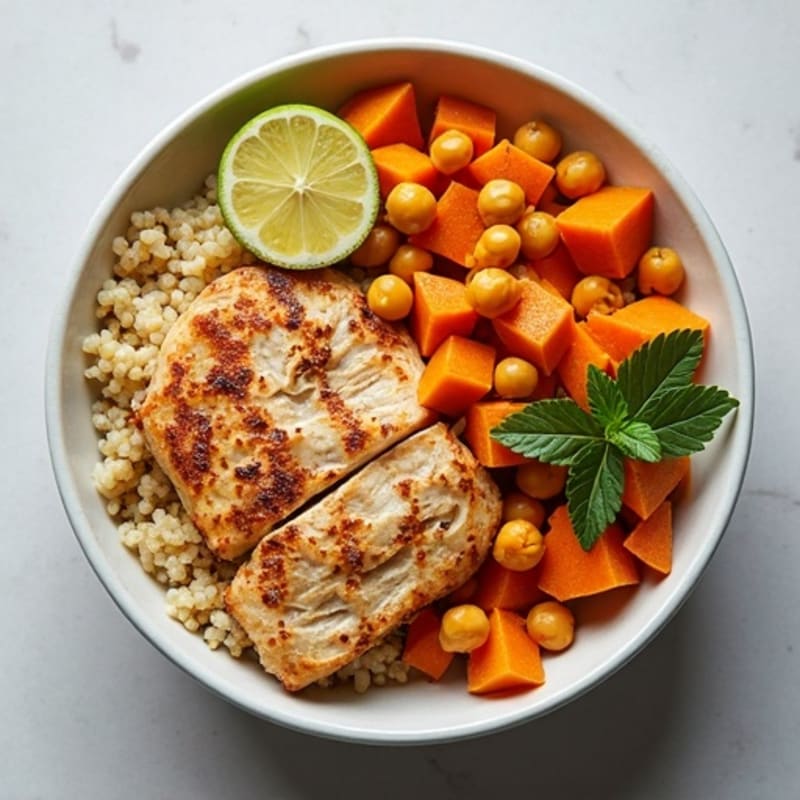 Roasted Sweet Potato and Crispy Chickpea Bowl with Quinoa