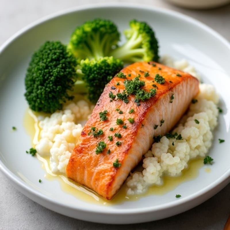 Seared Salmon with Steamed Broccoli and Garlic Cauliflower Mash