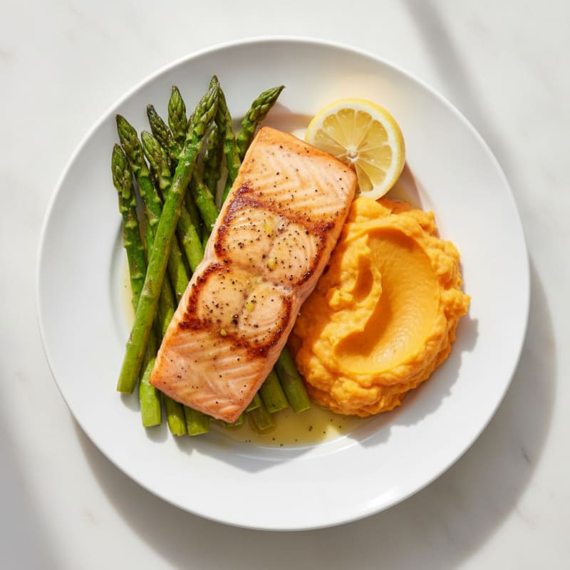 Seared Salmon with Roasted Asparagus and Sweet Potato Mash
