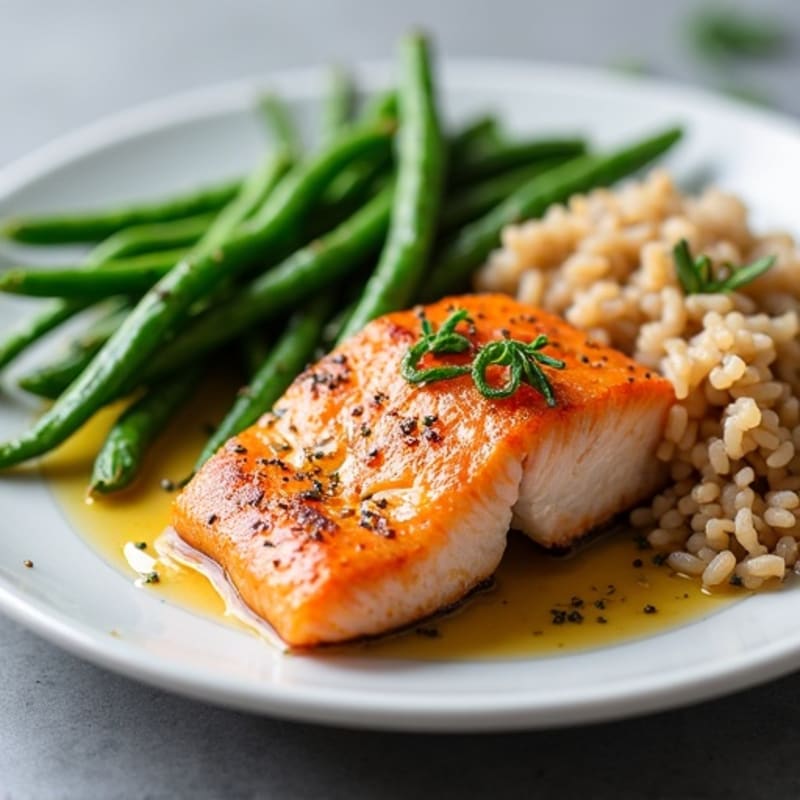 Seared Salmon with Garlicky Green Beans and Brown Rice
