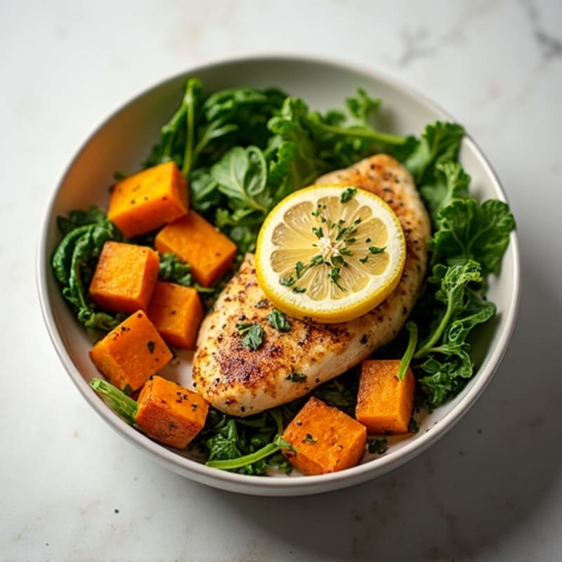 Lemon Herb Roasted Chicken Breast Bowl with Sweet Potatoes and Greens