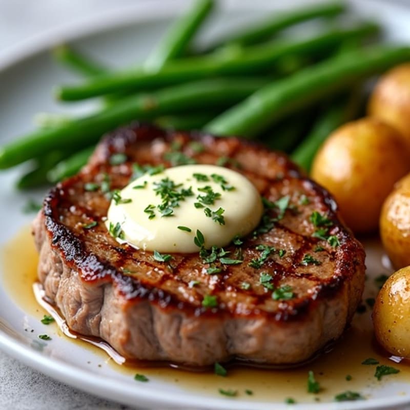 Pan-Seared Steak with Garlic Herb Butter and Crispy Roasted Potatoes and Green Beans