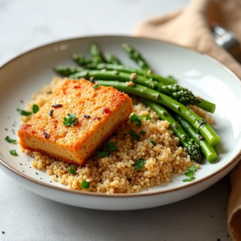 Crispy Baked Tofu with Roasted Asparagus and Quinoa
