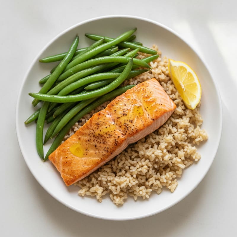 Seared Salmon with Steamed Green Beans and Brown Rice