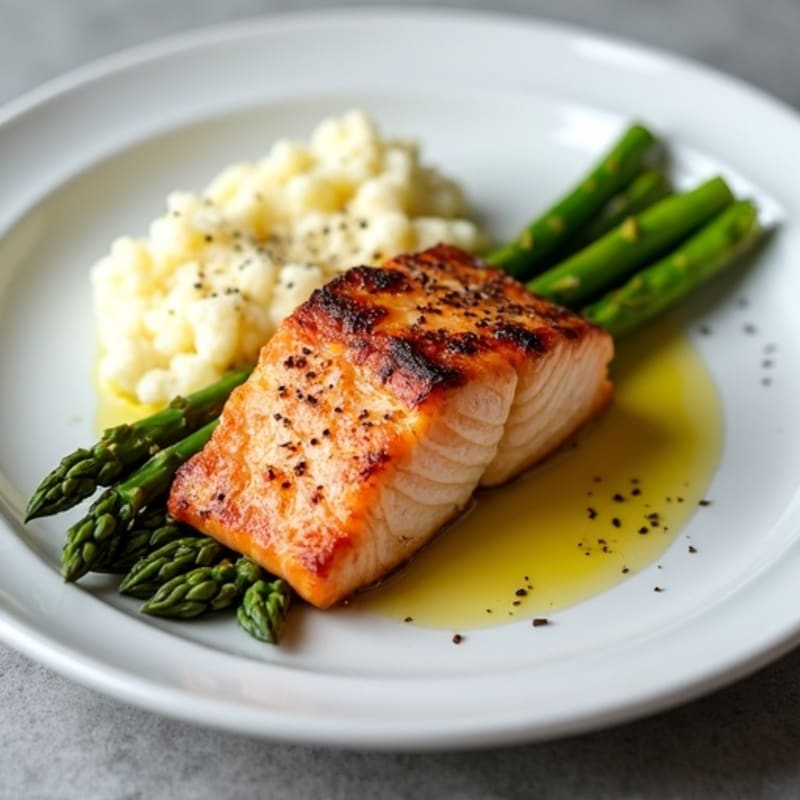 Seared Salmon with Steamed Asparagus and Cauliflower Mash